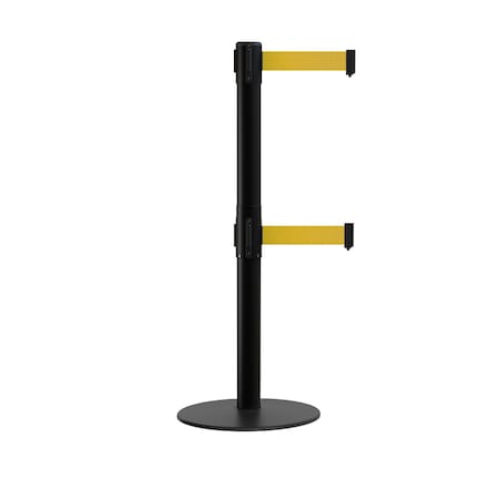 Stanchion Dual Belt Barrier Flat Base Black Post 11ft.Yellow Belt